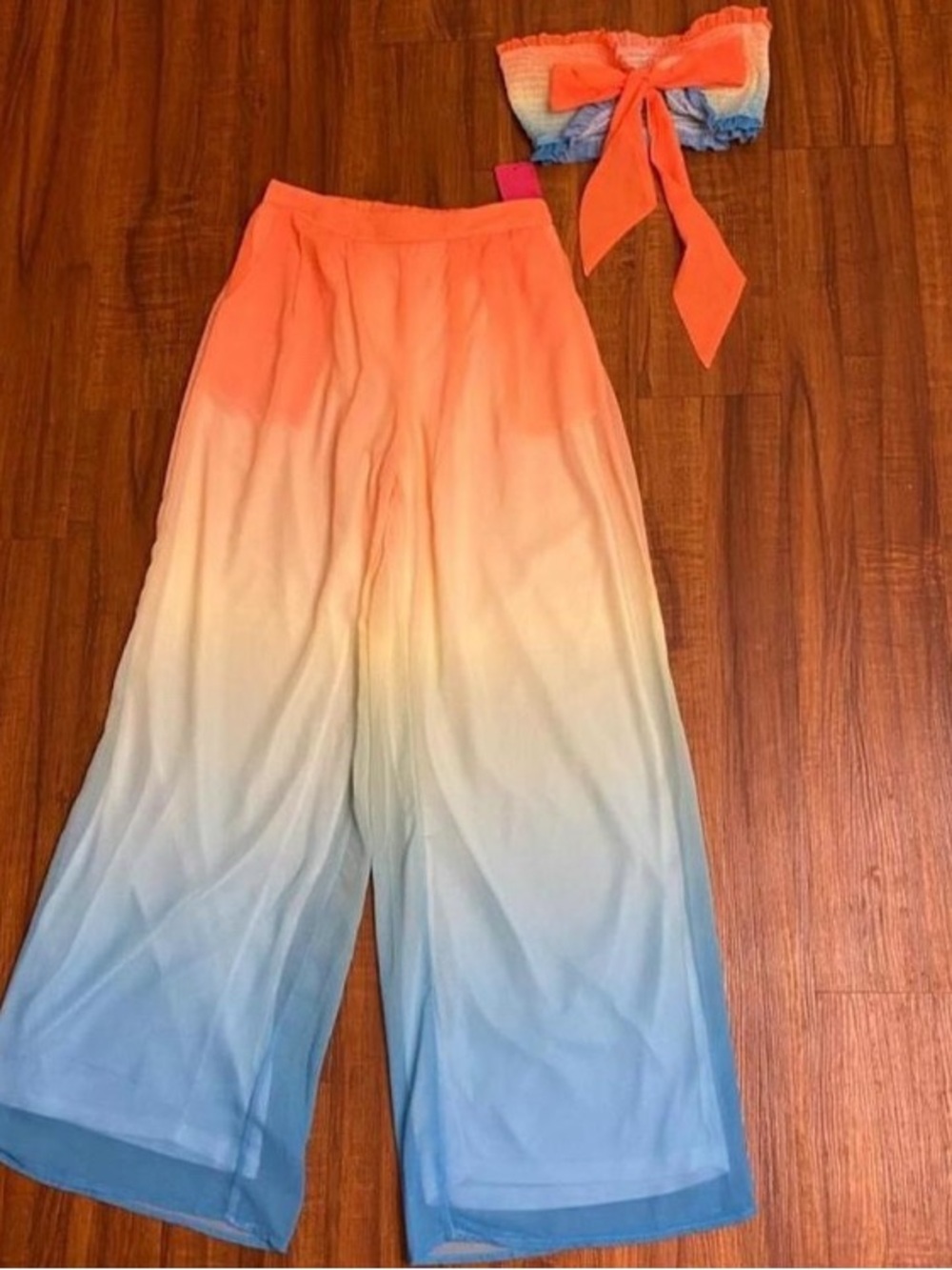 New Ladies Ombré Wide-Leg Palazzo Pant Set - Coral to Blue